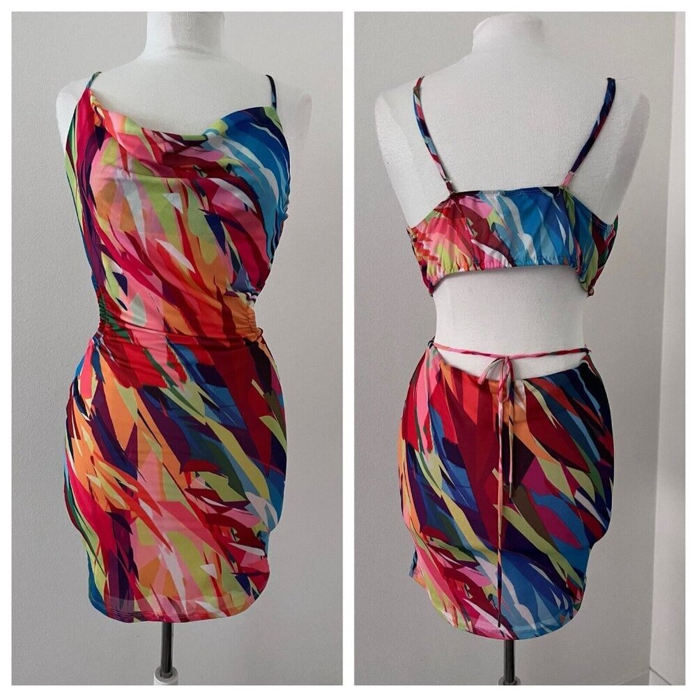 Blanc Clothing large open back & sides cowl neck bodycon sexy mesh dress lined